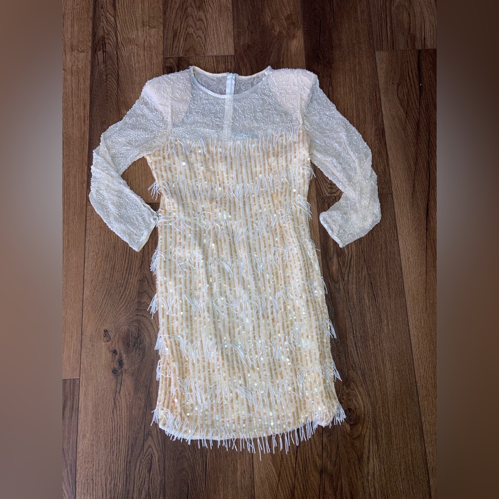 A.J. Bari beaded sequin Fringe Mini Dress in White and gold dress size 12